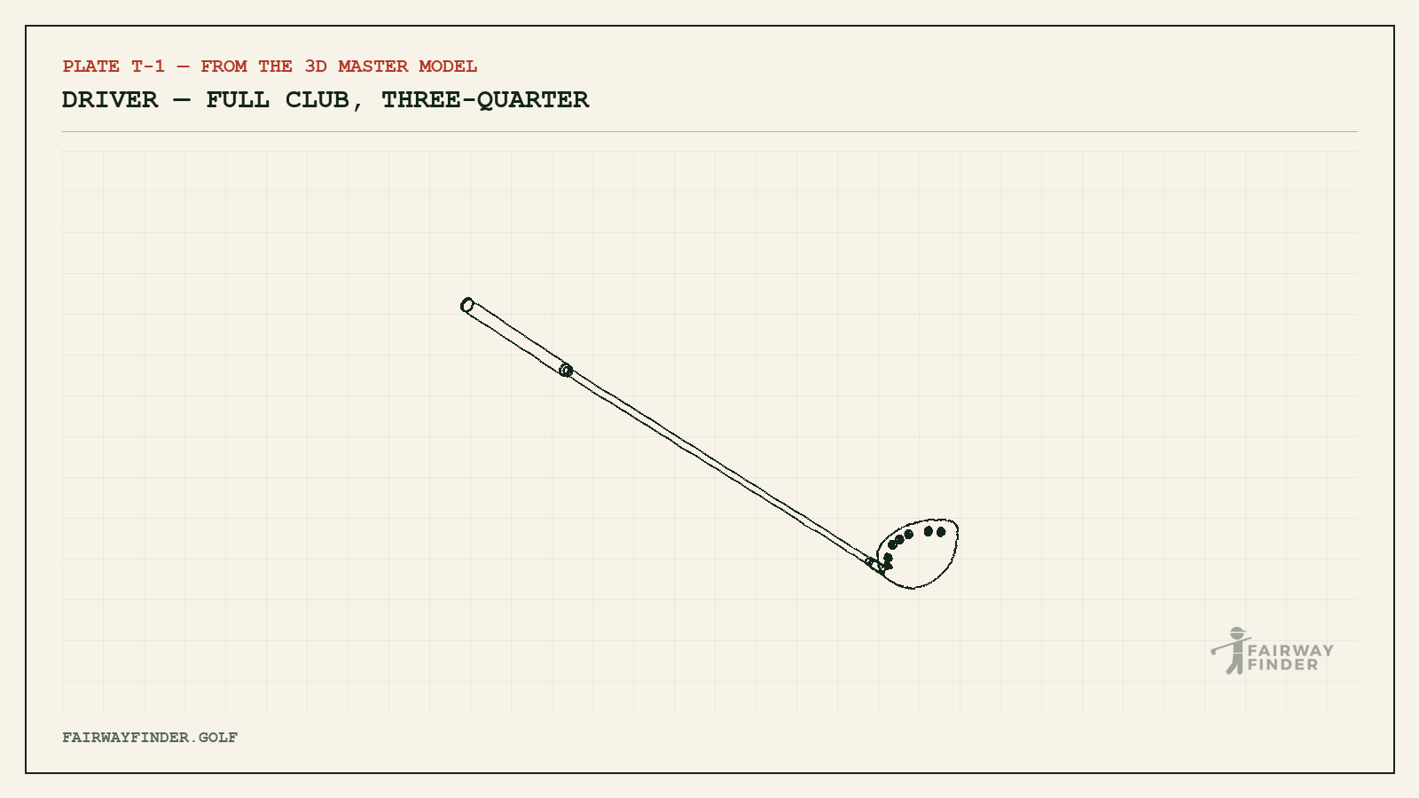 Patent-style technical line drawing of the Fairway Finder driver, drafted from the 3D master model