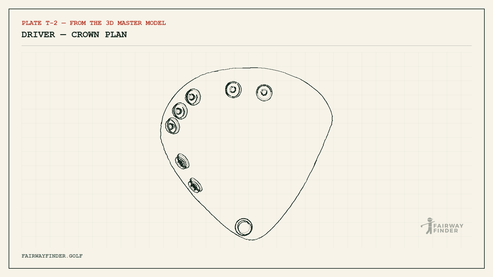 Technical crown-plan line drawing of the Fairway Finder driver from the 3D master model
